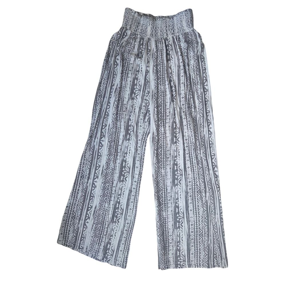 Tribal Print Linen Blend Wide Leg Smocked Waist Palazzo Pants Boho Grey Large - Picture 2 of 9